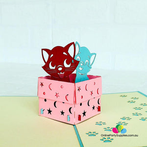 Handmade Cute Kittens in Pink Box 3D Pop Up Birthday Card - Online Party Supplies
