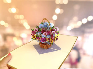 Luxury Gold Embossing Pansies Flower Basket Origami Pop Up Greeting Card