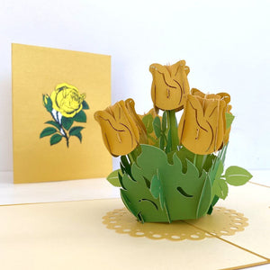 Handmade Golden Rose Bouquet 3D Pop Up Greeting Card - Mother's Day, Valentine's Day Pop Up Cards - Wedding Invitations