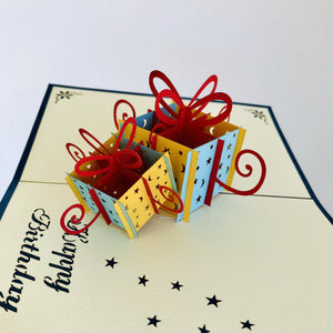 Handmade Happy Birthday Blue and Yellow Present Boxes Pop Up Card - Online Party Supplies