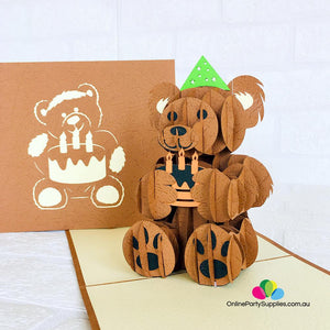Handmade Happy Birthday Brown Teddy Bear 3D Pop Up Card - Online Party Supplies