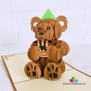Handmade Happy Birthday Brown Teddy Bear 3D Pop Up Card - Online Party Supplies