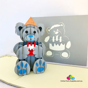 Handmade Happy Birthday Grey Teddy Bear Pop Up Card - Online Party Supplies