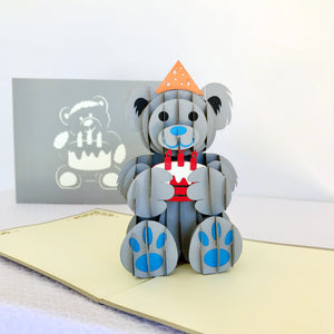 Handmade Happy Birthday Grey Teddy Bear Pop Up Card - Online Party Supplies
