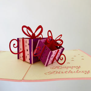 Handmade Happy Birthday Pink and Purple Present Boxes Pop Up Card - Online Party Supplies
