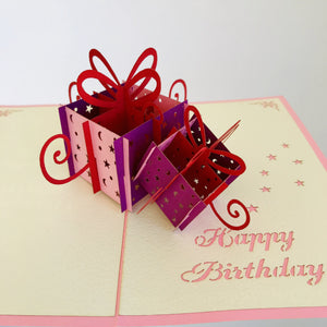Handmade Happy Birthday Pink and Purple Present Boxes Pop Up Card - Online Party Supplies