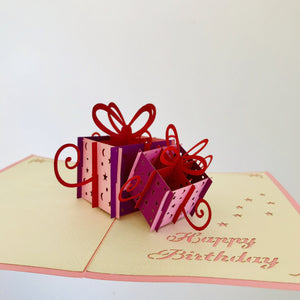 Handmade Happy Birthday Pink and Purple Present Boxes Pop Up Card - Online Party Supplies