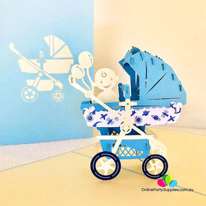 Handmade Large Blue Pram Pop Up Card - Online Party Supplies