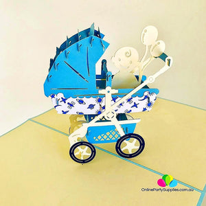 Handmade Large Blue Pram Pop Up Card - Online Party Supplies