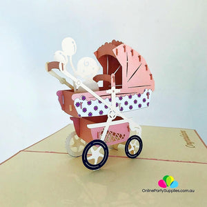 Handmade Large Pink Pram Pop Up Baby Shower Card - Online Party Supplies