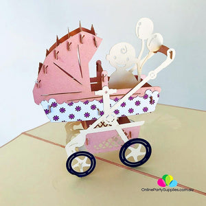 Handmade Large Pink Pram Pop Up Baby Shower Card - Online Party Supplies