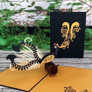 Handmade Metallic Australian Native Gold and Black Lyrebird Pop Up Greeting Card - Online Party Supplies