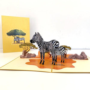 Handmade Mother and Baby Zebra in Safari 3D Pop Up Greeting Card - Safari Animal Themed Party Invitations