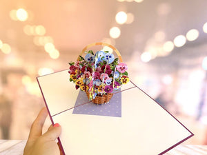 Gorgeous Pansies Flower Basket Origami Pop Up Greeting Card