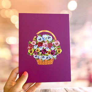 Gorgeous Pansies Flower Basket Origami Pop Up Greeting Card