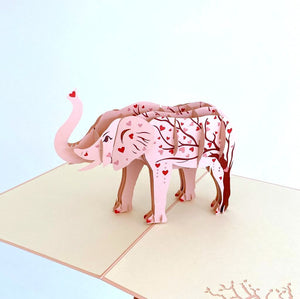 Pink Elephant with Red Heart Tree 3D Pop Up Greeting Card