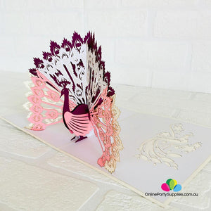 Handmade Pink Peacock Pop Up Greeting Card - Online Party Supplies