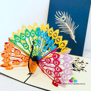 Handmade Rainbow Peacock Pop Up Greeting Card - Online Party Supplies