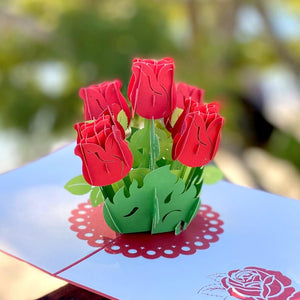 Handmade Red Rose Bouquet 3D Pop Up Greeting Card - Mother's Day, Valentine's Day Pop Up Cards - Wedding Invitations