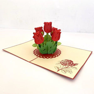 Handmade Red Rose Bouquet 3D Pop Up Greeting Card - Mother's Day, Valentine's Day Pop Up Cards - Wedding Invitations