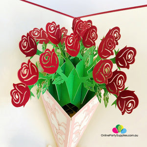 Handmade Red Rose Bouquet 3D Pop Up Card - Online Party Supplies