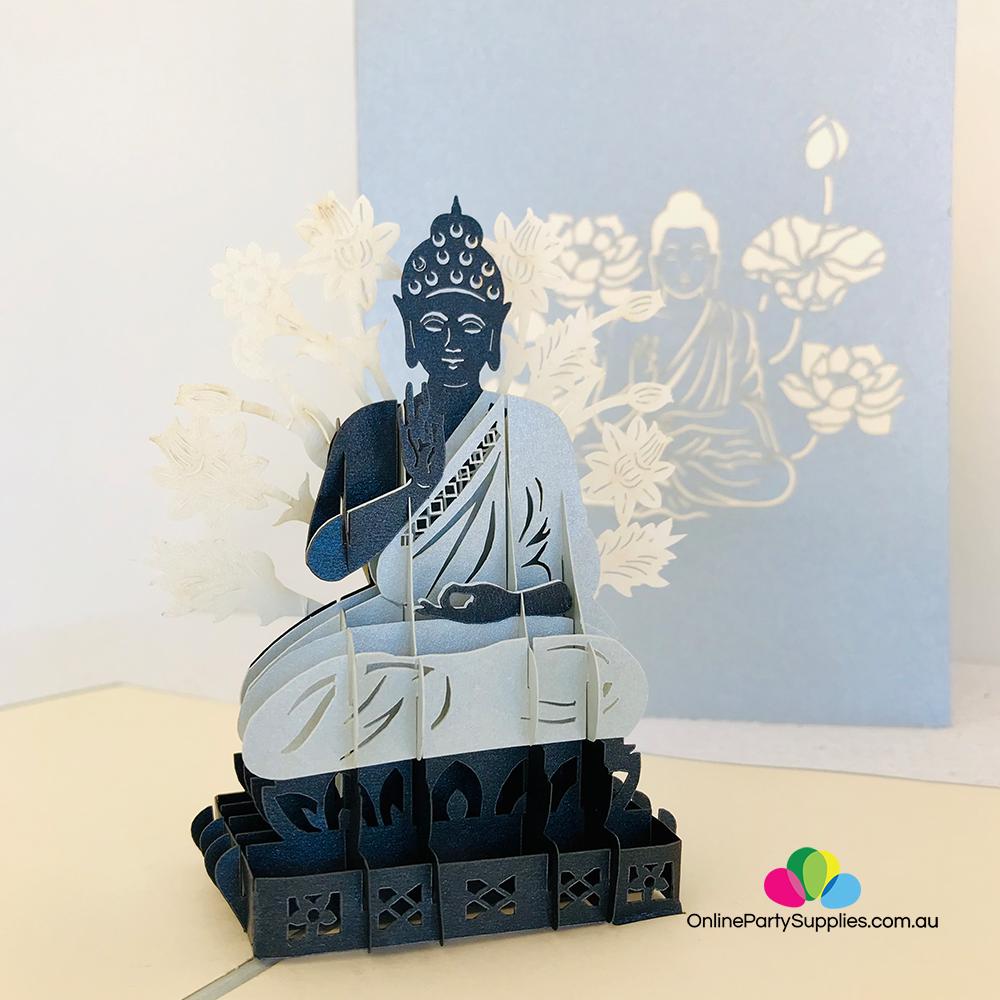 Handmade Silver and Grey Sitting Buddha In Meditation 3D Pop Up Card - Online Party Supplies