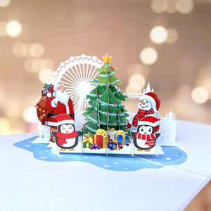 Santa Snowman & Penguin Around Christmas Tree 3D Pop Up Card
