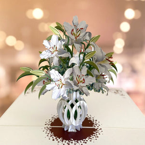 Handmade White Lush Oriental Lily Bouquet in Vase 3D Pop Up Card