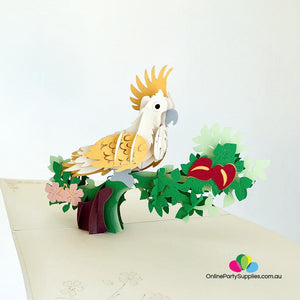 Handmade Yellow White Cockatoo Pop Up Greeting Card - Online Party Supplies