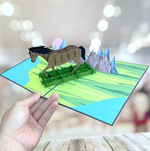 ZANE Spirit Dark Brown Horse Standing on a Green Field Pop Up Card