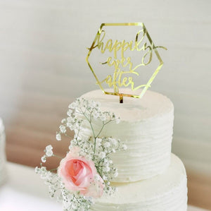 Online Party Supplies Australia Acrylic Gold Mirror Geometric Hexagon 'Happily Ever After' Cake Topper