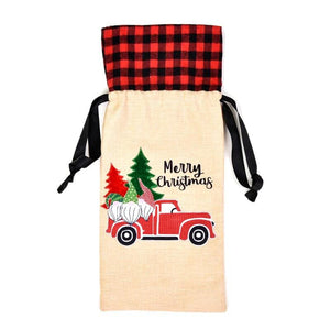 Hessian Merry Christmas Bottle Cover - xmas trees on ute