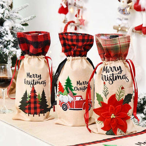 Hessian Merry Christmas Bottle Cover - xmas trees poinsettia flower ute