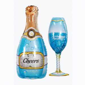 Jumbo Blue Cheers Champagne Bottle & Wine Glass Foil Balloon Set of 2