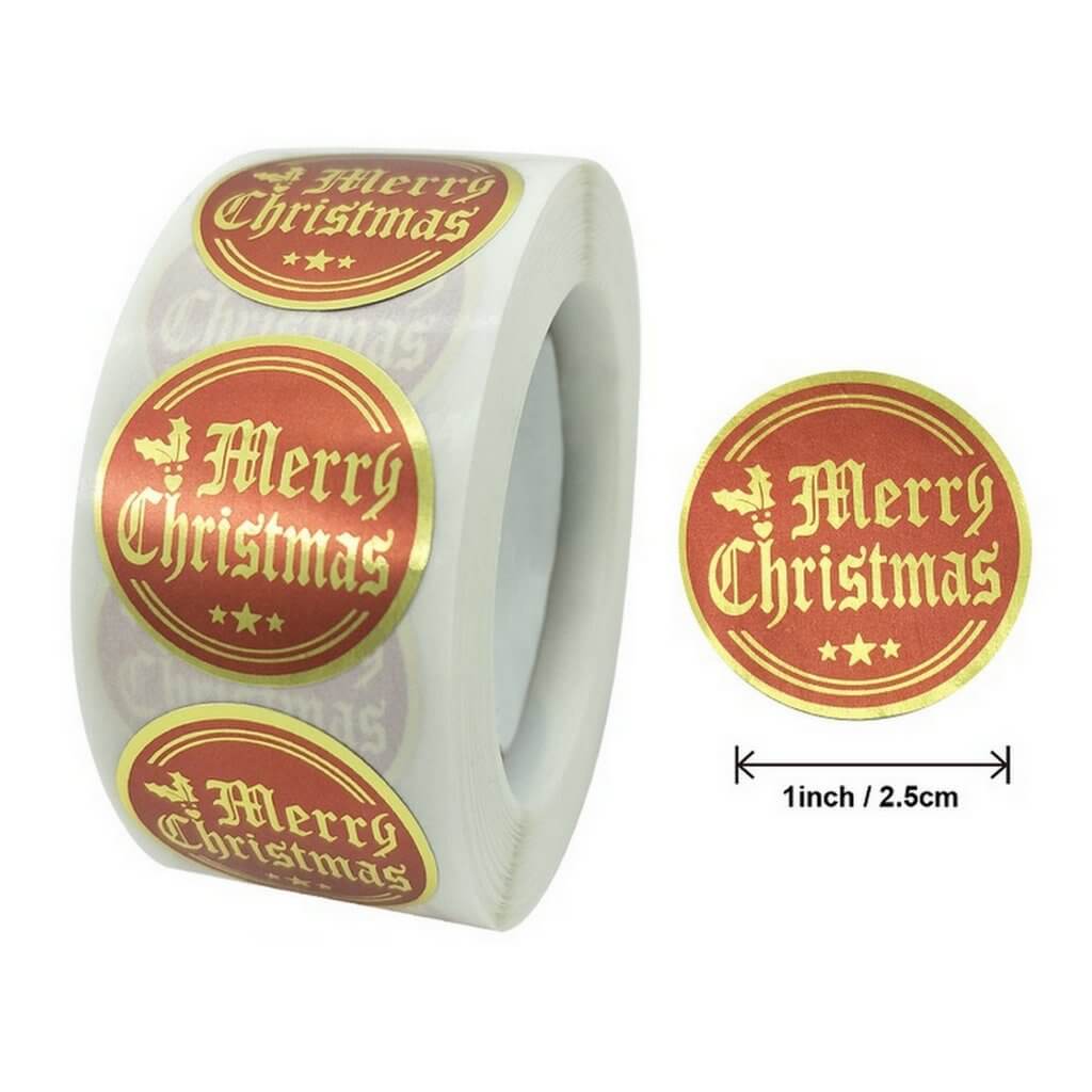 Style L - Round Gold Foil Merry Christmas Red Stickers - Christmas Gift Packaging and Wrapping Supplies