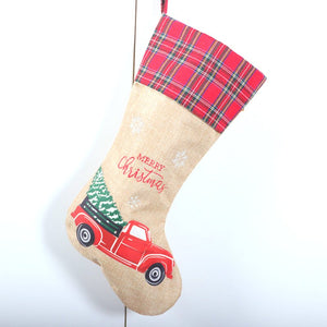 Large Hessian Burlap Christmas Stocking - Dog on Ute & Xmas Tree on Ute