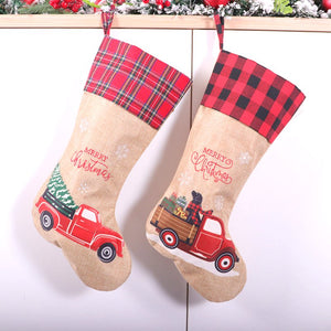 Large Hessian Burlap Christmas Stocking - Dog on Ute & Xmas Tree on Ute
