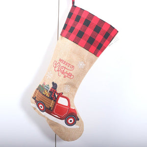 Large Hessian Burlap Christmas Stocking - Dog on Ute & Xmas Tree on Ute