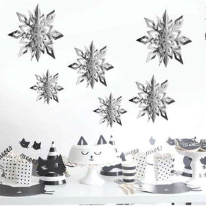 3D Metallic Silver Christmas Snowflake Paper Hanging Ornament 6 Pack