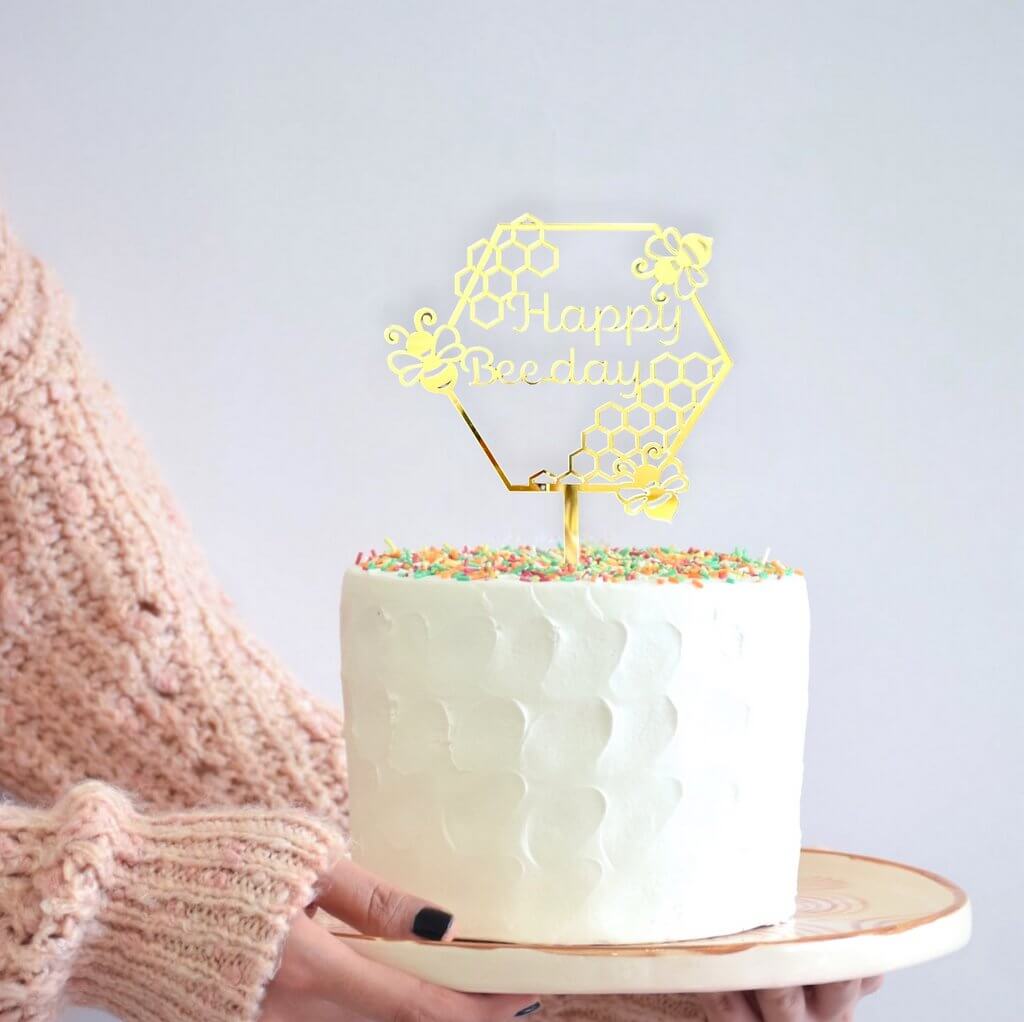 Gold Mirror Acrylic Happy Beeday Hexagonal Cake Topper - Stype 2