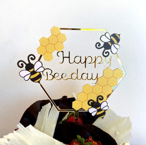 Gold Mirror Acrylic Happy Beeday Hexagonal Cake Topper
