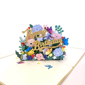 Luxury Gold Glitter Happy Birthday with Spring Garden & Butterfly Pop Up Card