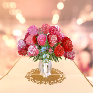 Luxury Red & Pink Rose Bouquet in White Vase 3D Pop Up Card