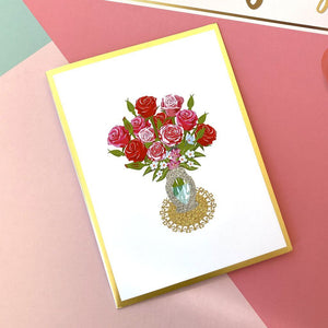 Luxury Red & Pink Rose Bouquet in White Vase 3D Pop Up Card