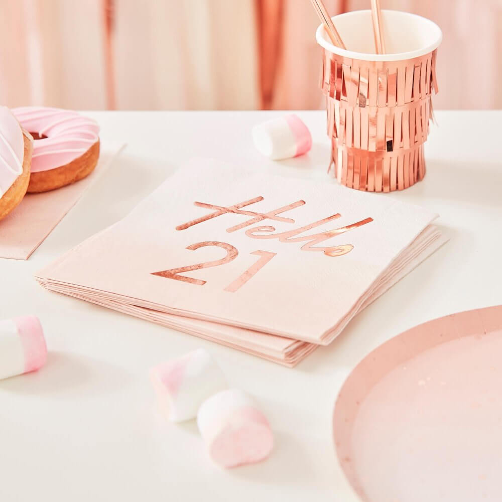 Ginger Ray Rose Gold Foiled Watercolour Hello 21 Birthday Napkins