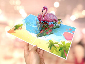 Handmade Mum & Baby Flamingoes in Spring Garden 3D Pop Up Card