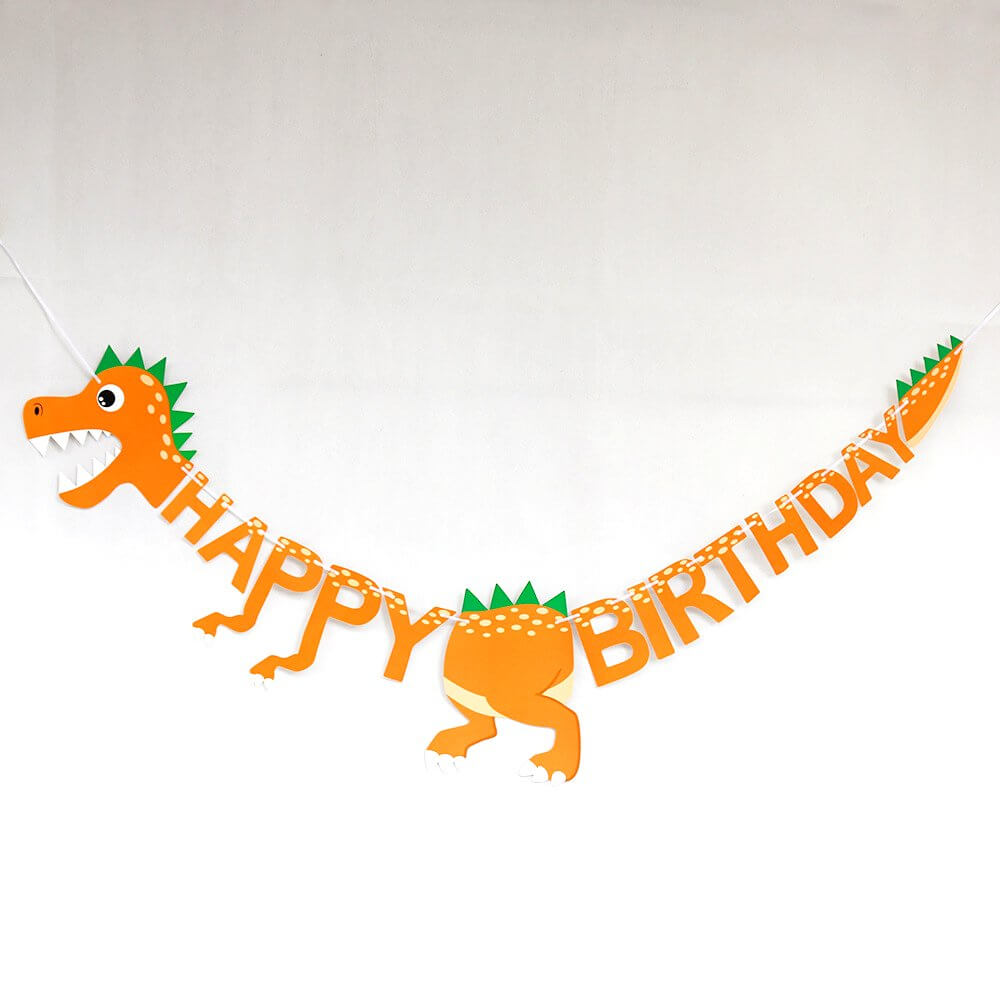 Orange Happy Birthday Dinosaur Hanging Paper Banner