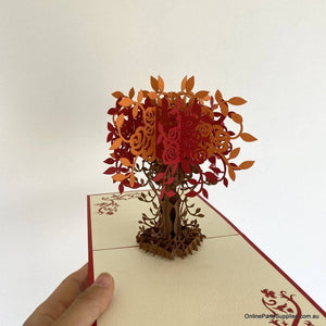 Handmade Orange and Red Rose Tree Pop Up Card - 3D Floral Valentine's Day Pop Out Cards