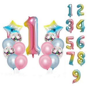 Iridescent Rainbow 1st Birthday Foil Latex Balloon Bundle (15 balloons) number 1-9