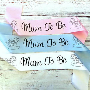 Mum To Be with Rocking Horses Baby Shower Satin Sash - Gender Reveal Party Decorations